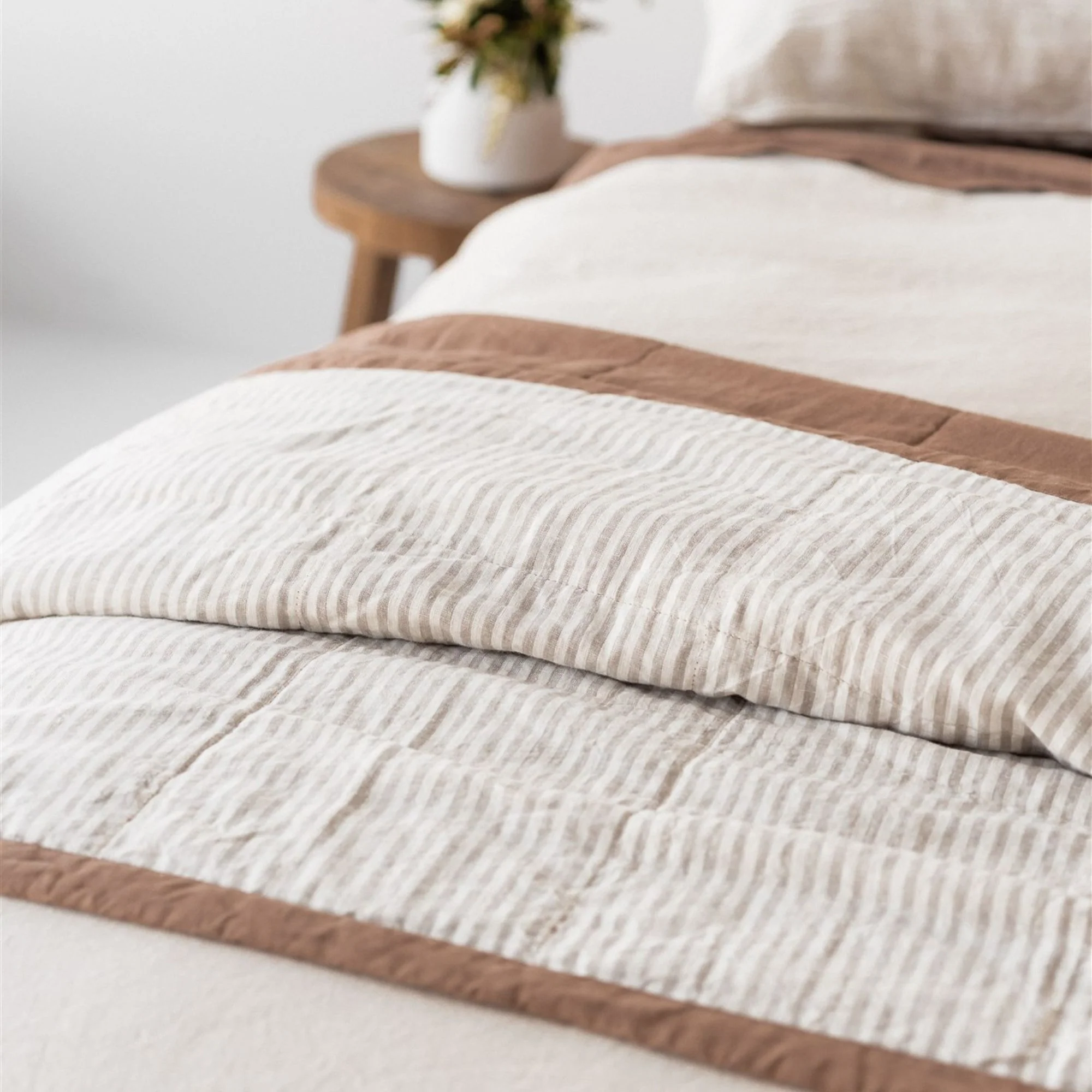Malt Brown & Sand Stripes Linen Quilt - Image 4