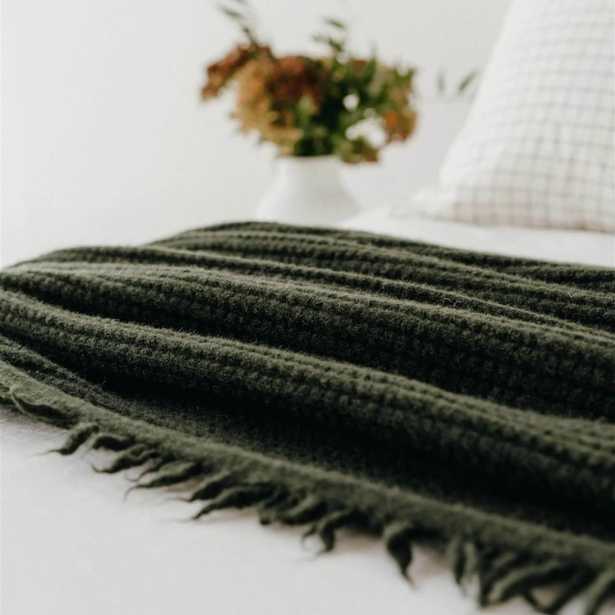 Moss Green Ribbed Wool Throw Blanket - Image 4