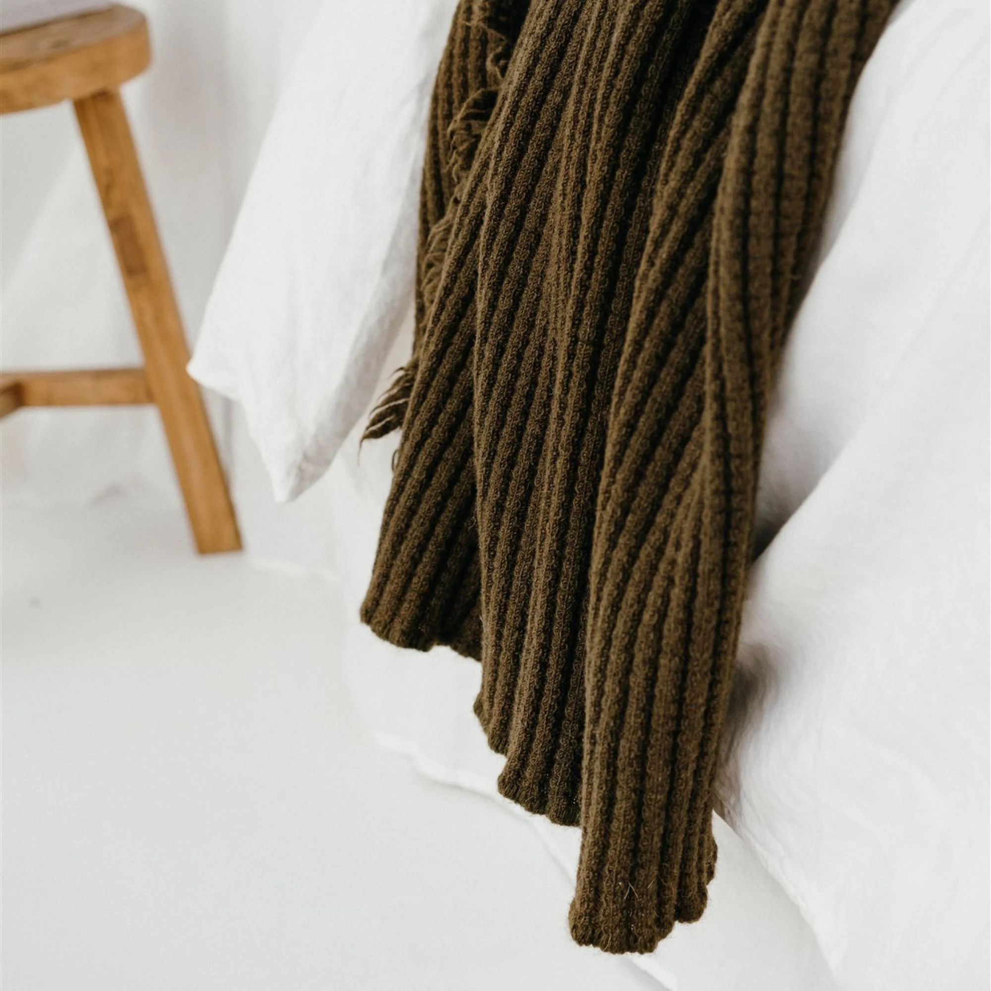 Olive Green Ribbed Wool Throw Blanket - Image 15