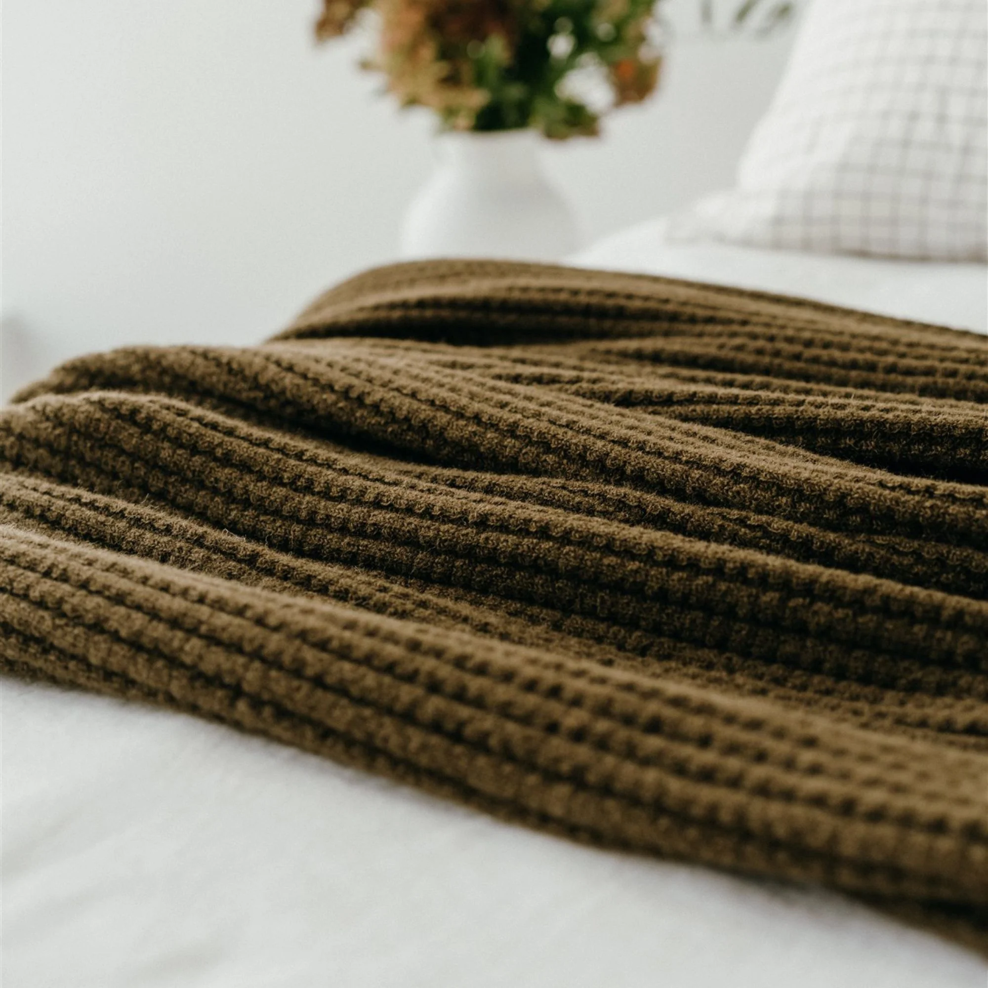 Olive Green Ribbed Wool Throw Blanket - Image 16