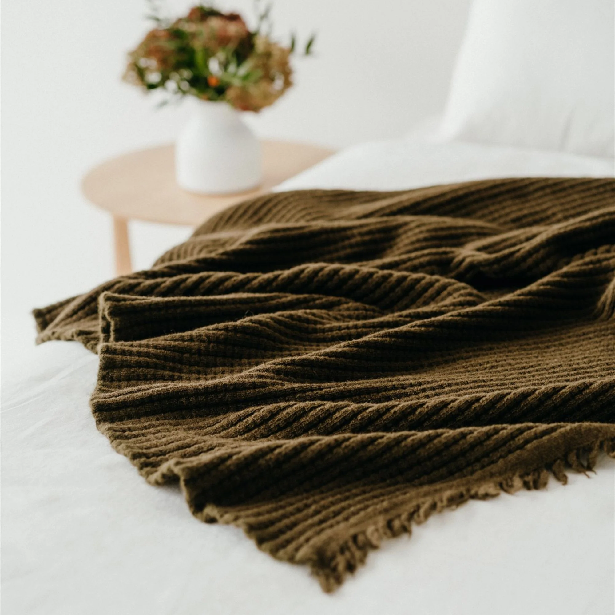 Olive Green Ribbed Wool Throw Blanket - Image 8