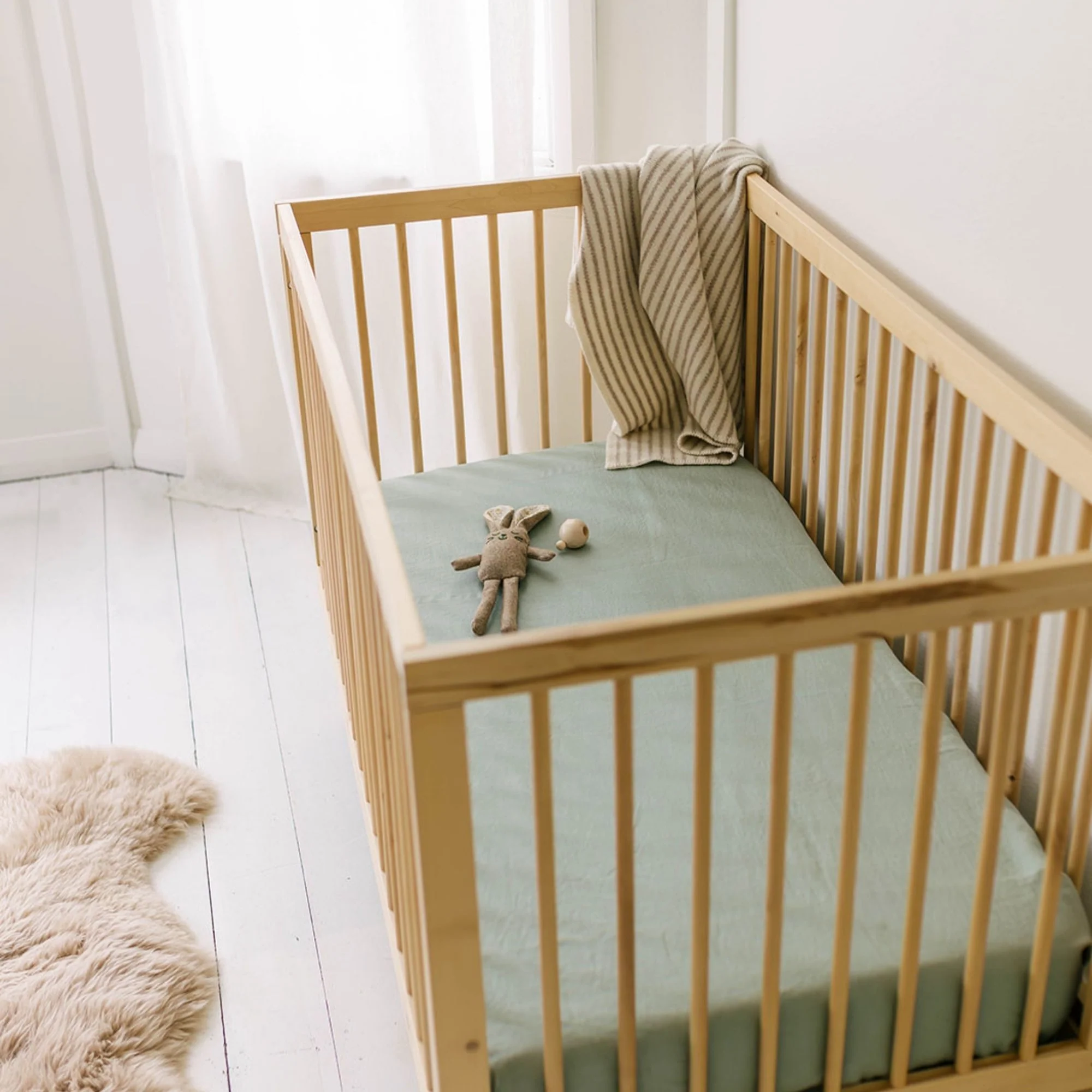 Sage Green Linen Cot/Bassinet Sheet - Image 4